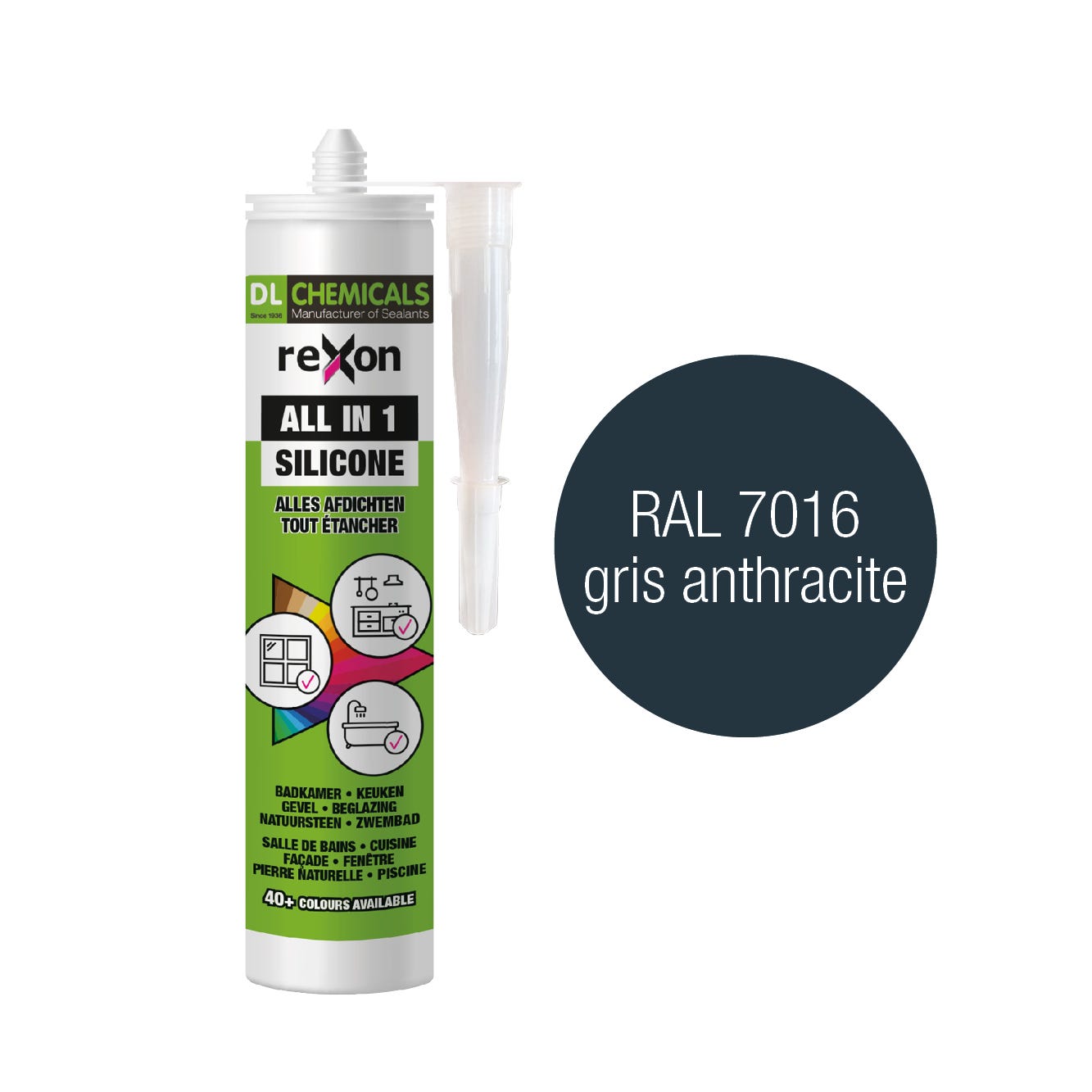 REXON Silicona universal - Gris antracita RAL 7016 - Sanitarios/Baños y  Cocinas/Construcción - Exteriores e interiores (290 ml)