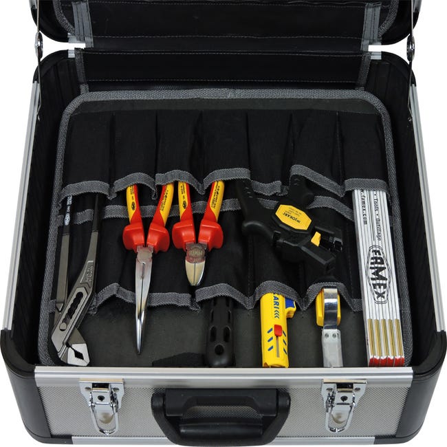 FAMEX 418-88 - Maletín de herramientas de aluminio profesional con juego de  herramientas grande, para uso comercial, herramienta de producción alemana,  maletín con bolsillos : : Bricolaje y herramientas