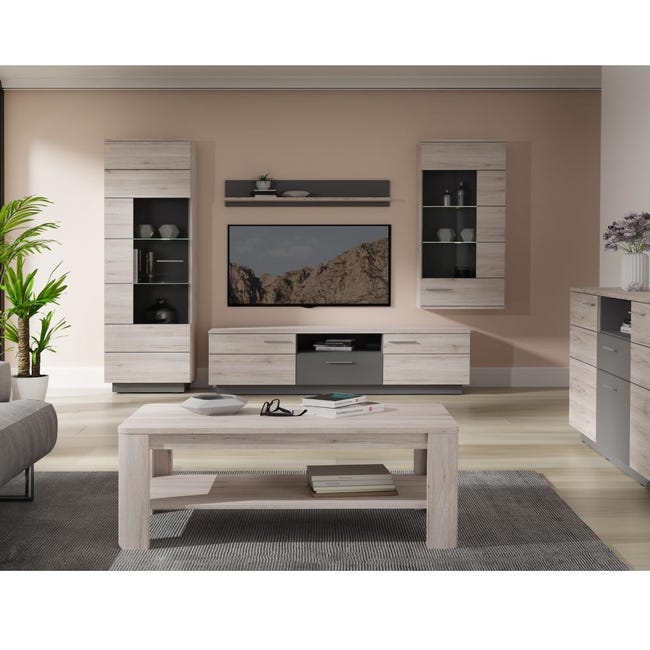 Mueble salón completo JADIEL de 240 cm ancho de 4 módulos: Mueble TV +  Estante pared + Vitrina alta + Vitrina colgante