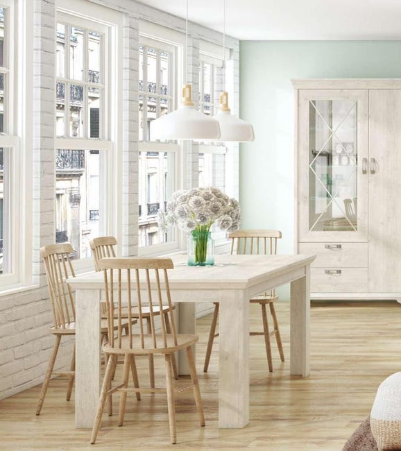 Mesa comedor extensible KAREN de 160 a 200 cm. Mesa diseño rústico moderno  en madera color blanco Pino