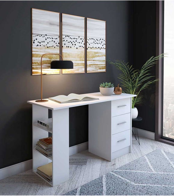 Mesa escritorio DESKI mesa estudio 3 cajones y 3 estantes 120x72x49 cm color Blanco | Leroy Merlin