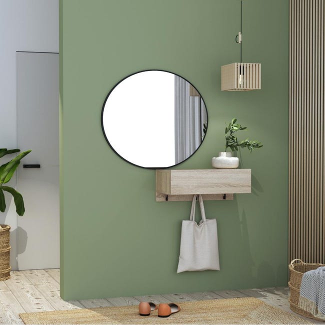 Mueble de entrada con espejo, entrada para recibidor con cajón, Vaciador de  bolsillo para apartamentos pequeños, cm 100x27h155, color Cemento y Blanco