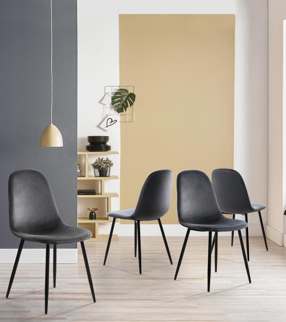 Pack de 4 comedor, salón SWEDEN en terciopelo gris oscuro patas negras | Leroy Merlin