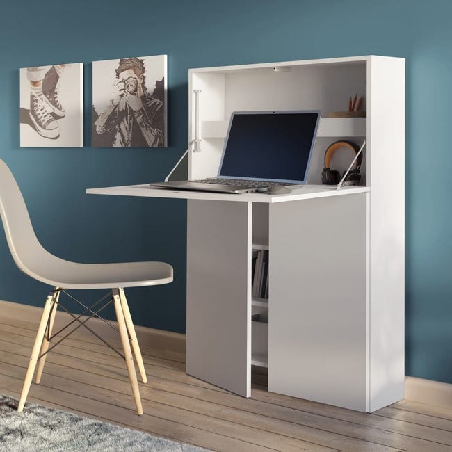 Mueble multifunción MILU mesa escritorio plegable Mueble auxiliar con mesa,  puertas y estantes 117,6x69,9x19,5 cm