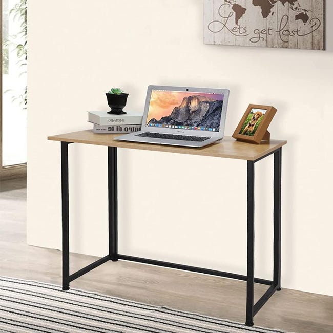 Mesa con tablero de madera y patas metálicas en color Negro