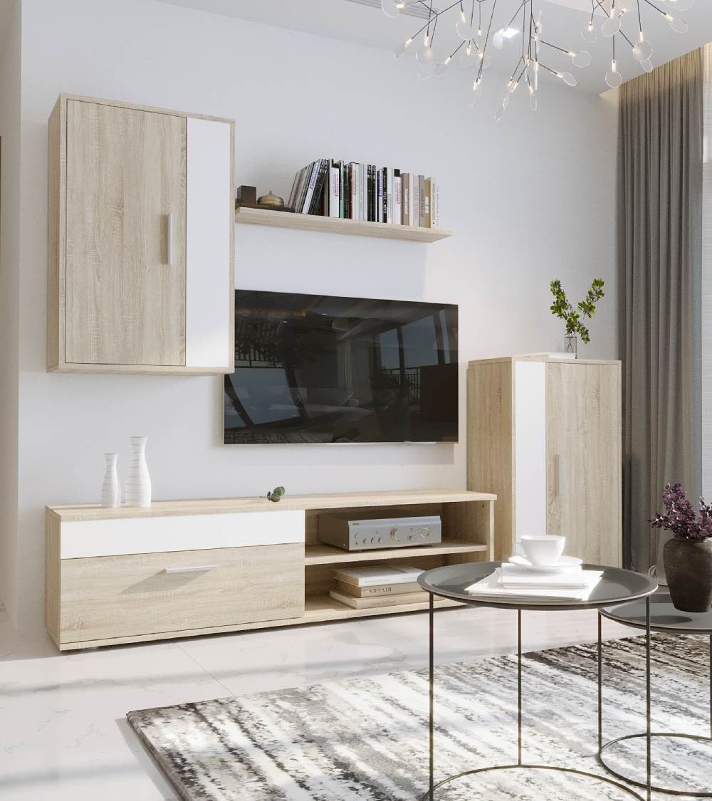 Mueble de salón modular GALENA de 266 cm ancho. 4 módulos: Mueble TV,  vitrina con leds, módulo vertical, estante pared.