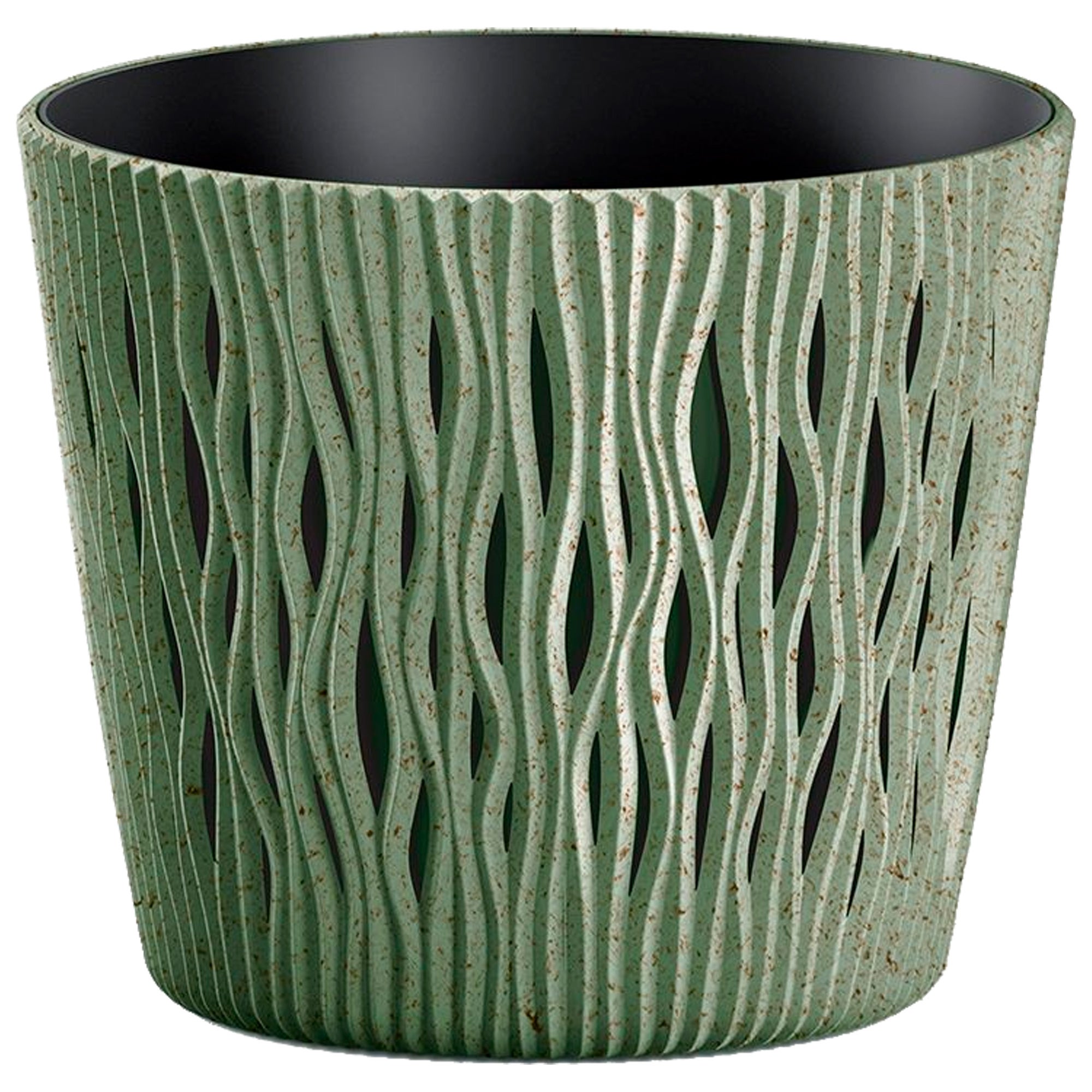 Macetero color verde,con depósito , colección sandy round eco wood de 26,2 x 26,2 x 22,2 cm, capacidad de 7,9 l.