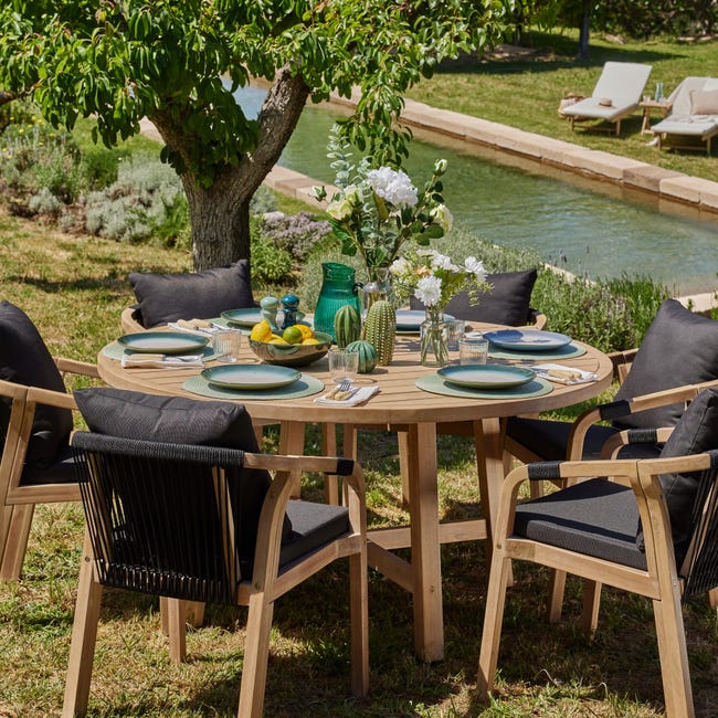 Set tavolo da giardino rotondo 150 cm e 6 sedie in legno e corda