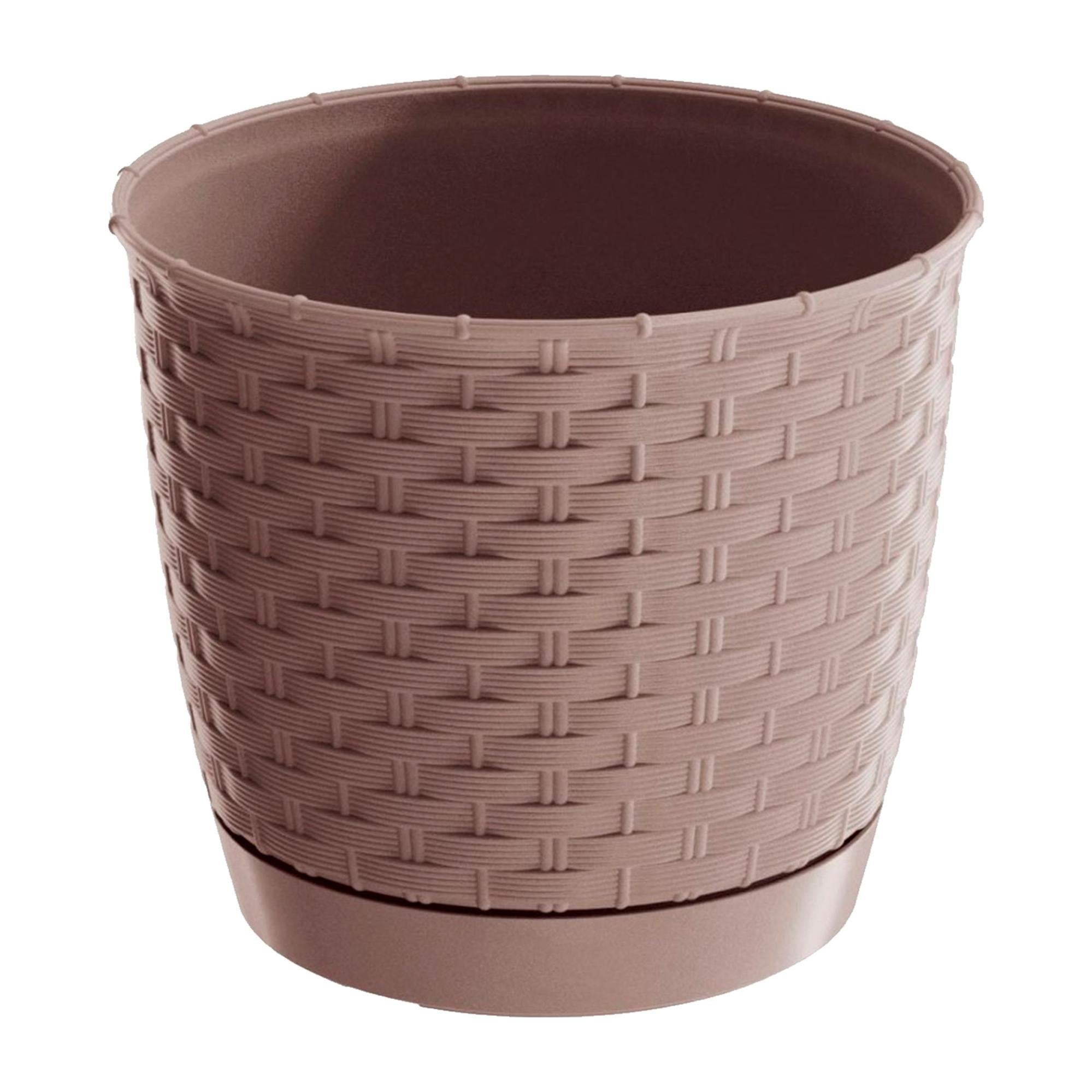 RATOLLA ROUND Blumentopf Weiß, 2,8 Liter – Rattan-Optik, Wetterfest, Mit Untersetzer