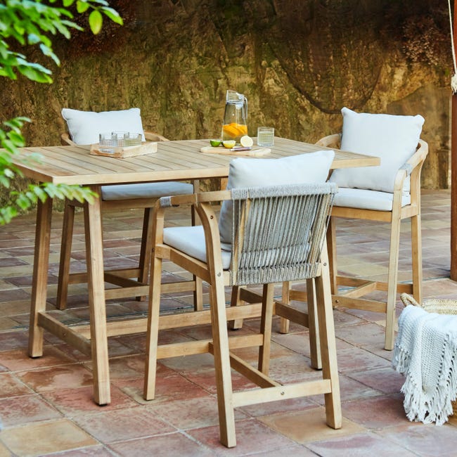 Conjunto de bar mesa alta 4 taburetes de jardín de acacia y cuerda -  Riviera