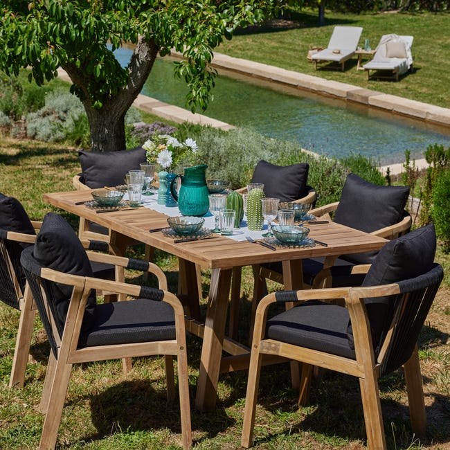 Conjunto mesa redonda jardín 150 cm y 6 sillas de madera y cuerda negra -  Zanzíbar - Kerama