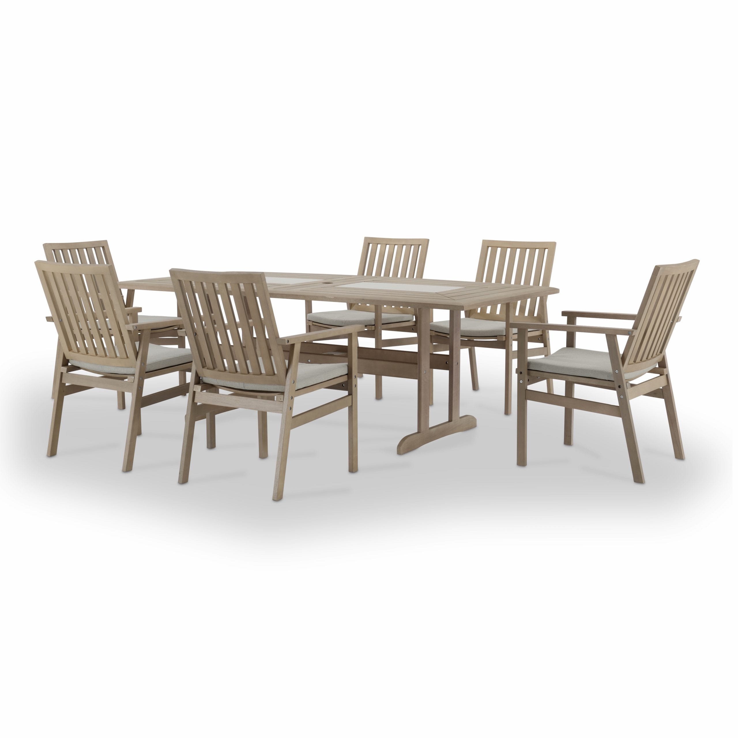 Conjunto mesa y sillas jardín 6 plazas madera y cojines CRETA