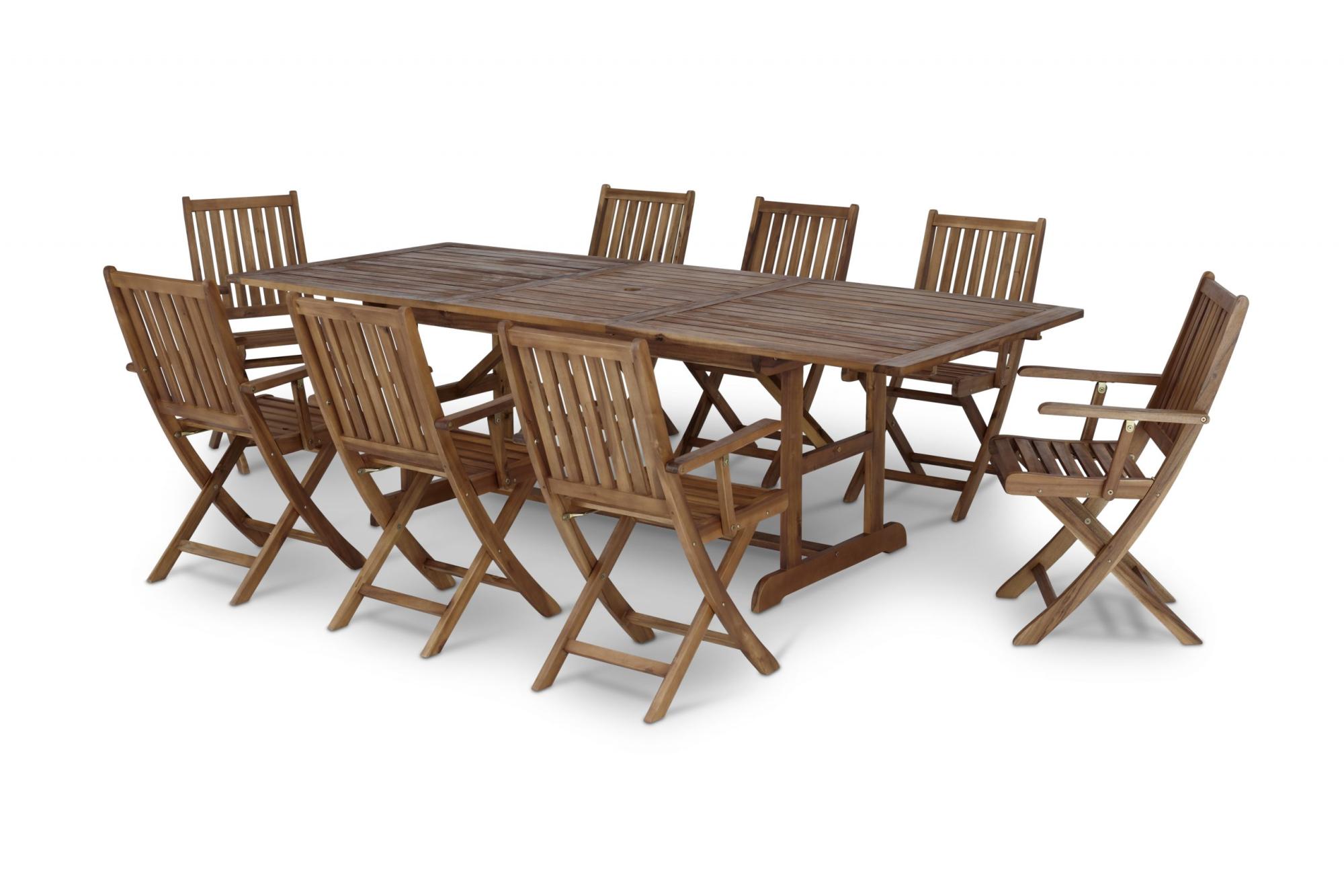 Table de jardin extensible 180/240×100 et 8 chaises pliables Java Leroy Merlin