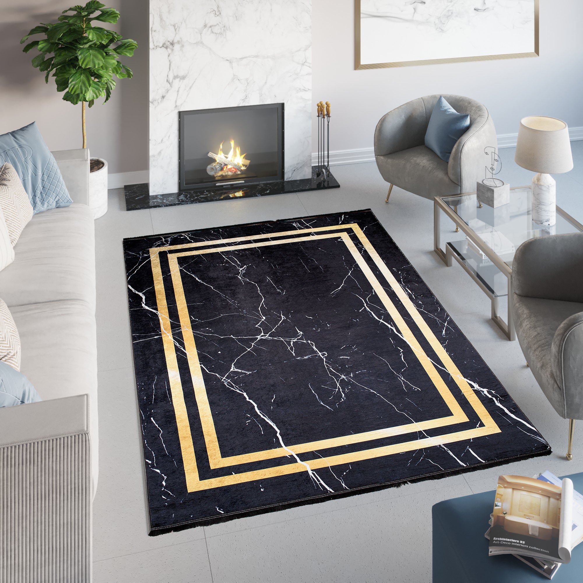 TAPISO Toscana Tappeto Soggiorno Moderno Elegante Glamour Geometrico Marmo  Blu Grigio Oro Sottile Stampato Antiscivolo 140 x 200 cm