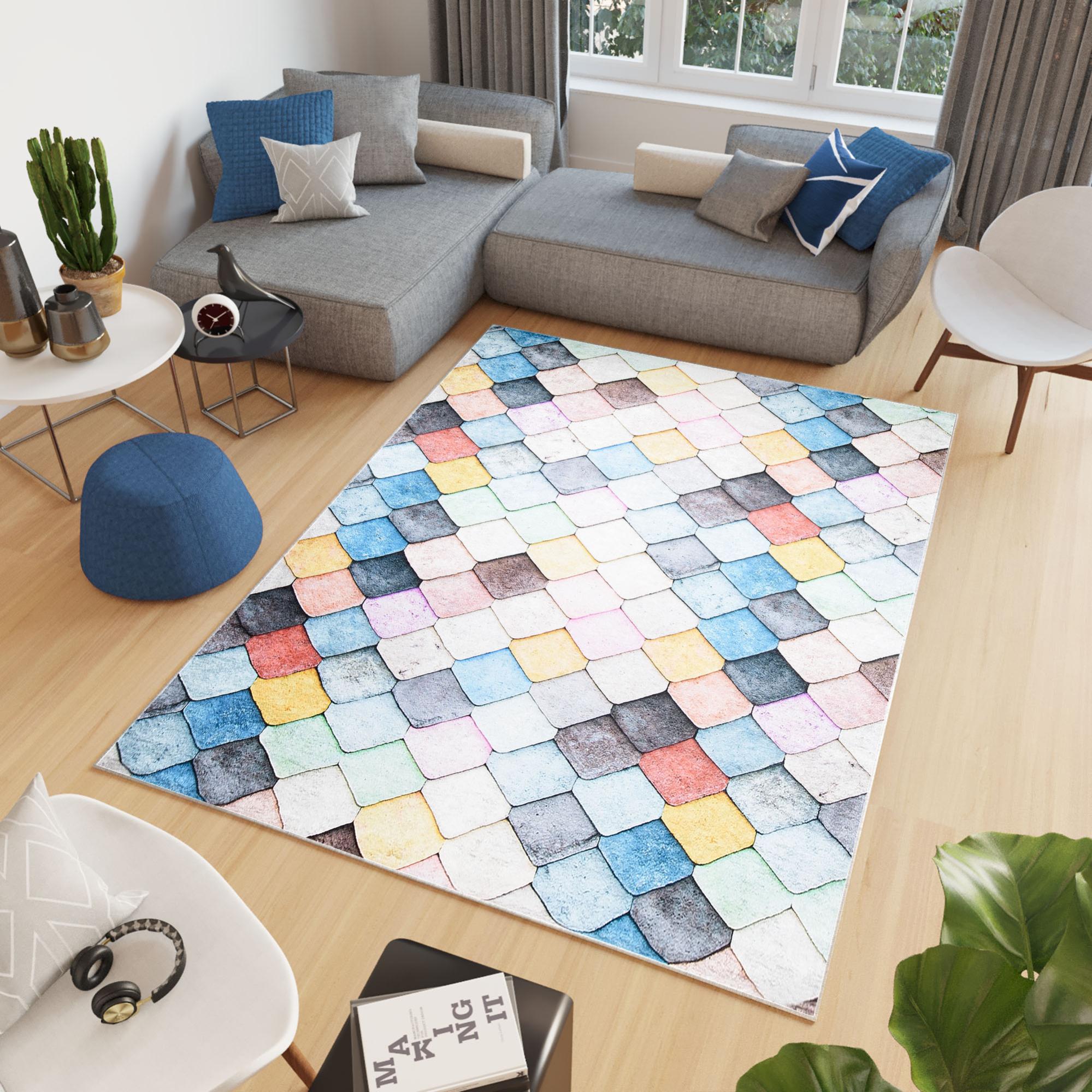 Tapis Salon Lavable 180x250cm Kunsen - Bleu Gris Moderne - Velours Cristal Antidérapant - 4