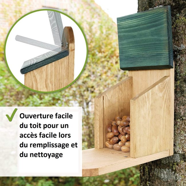 Mangeoire Écureuil Distributeur de nourriture éxtérieur robuste en bois  massif et vitre plexiglas de haute qualité328 Écu