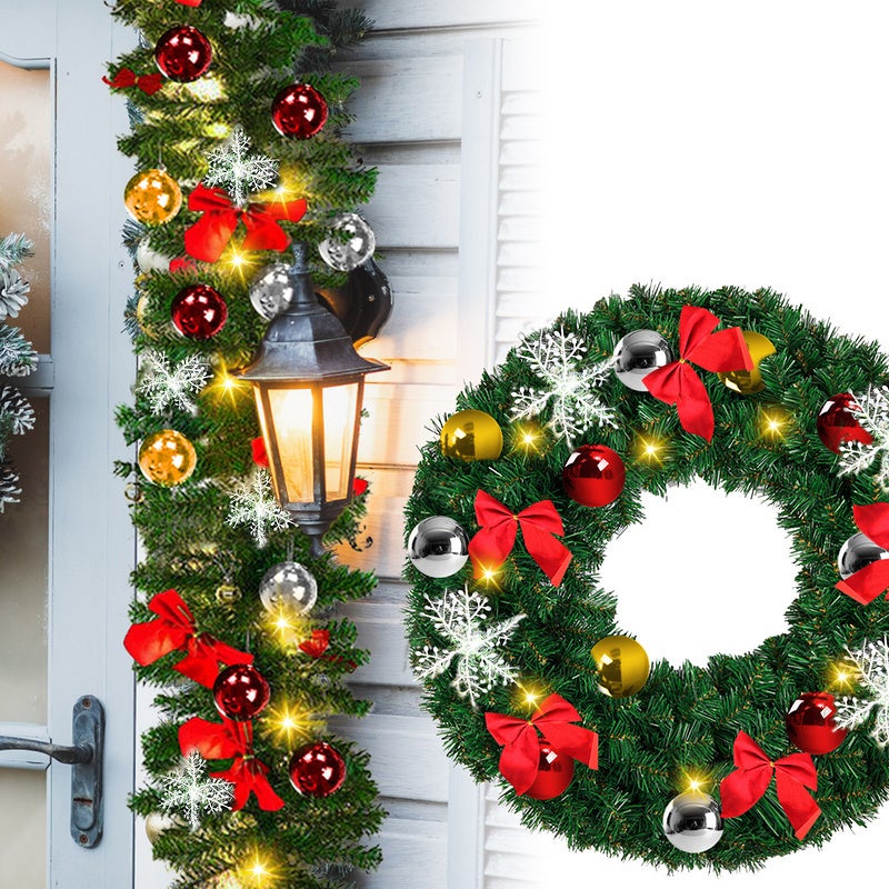 Guirlande de Noël, Guirlande Sapin 5m, avec LED Lumières , Pommes pin Baies  rouges, Guirlande artificielle Décoration de Noël l'intérieur et l'extérie