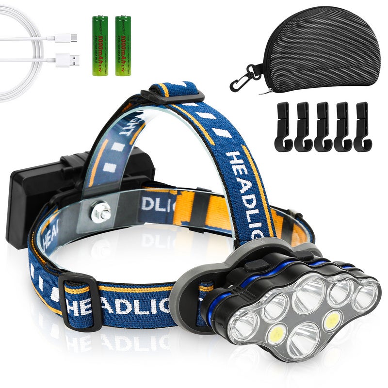 Lampe frontale à LED 8 LEDs 8 modes Rechargeable USB Torche
