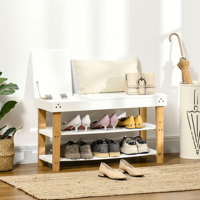 Banco zapatero de bambú con tapa baúl HOMCOM 80x30x45 cm blanco | Leroy Merlin