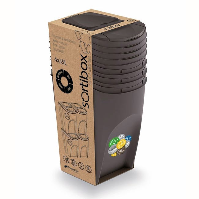 Sortibox - Pattumiera con coperchio, 25 l, set da 4 pezzi, colore bianco,  sistema di separazione impilabile, separatore per rifiuti, impilabile con