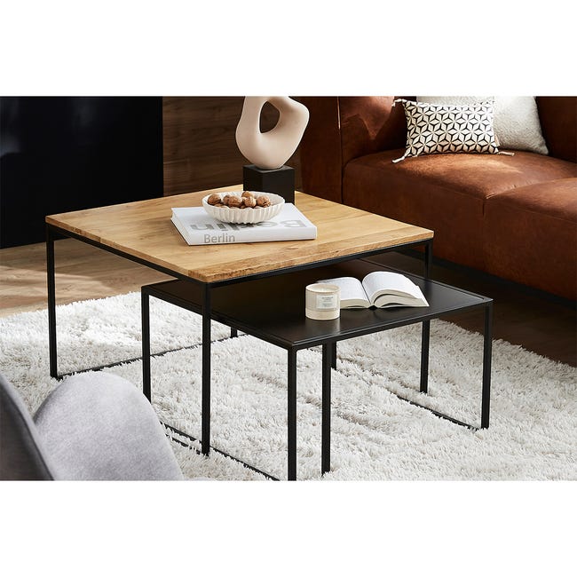 Tables basses gigognes carrées bois clair manguier massif et métal noir (lot de 2) TAHL | Leroy Merlin