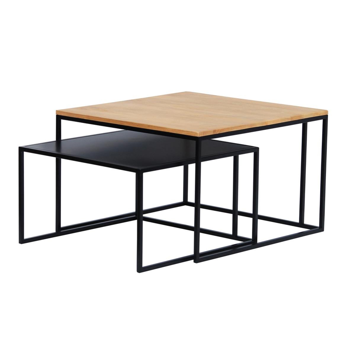 Tables basses gigognes carrées bois clair manguier massif et métal noir (lot de 2) TAHL Leroy
