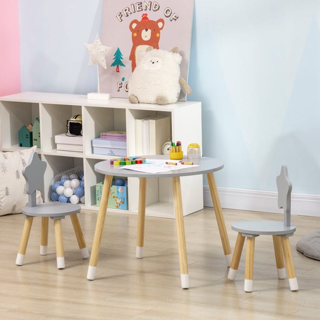 Admitir Fuerza camarera Juego de mesa y 2 sillas de madera para niños HOMCOM Ø59x50 cm gris | Leroy  Merlin