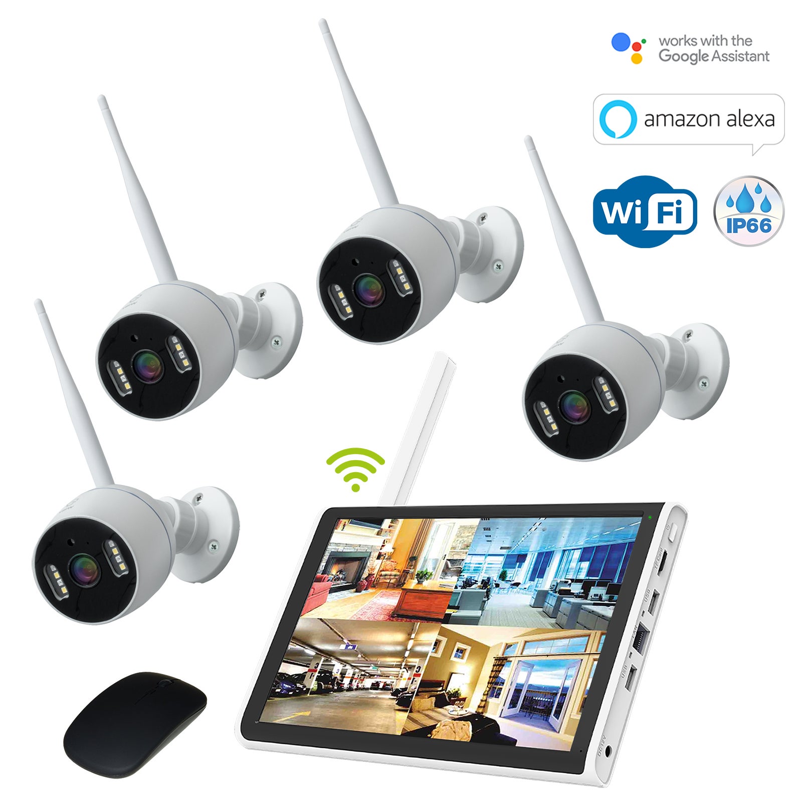 KIT NVR 8CH WiFi SMART controllo remoto registratore videosorveglianza 4 telecamere  IP 3MP HD alta definizione IP66 esterno interno LAN Alexa Google