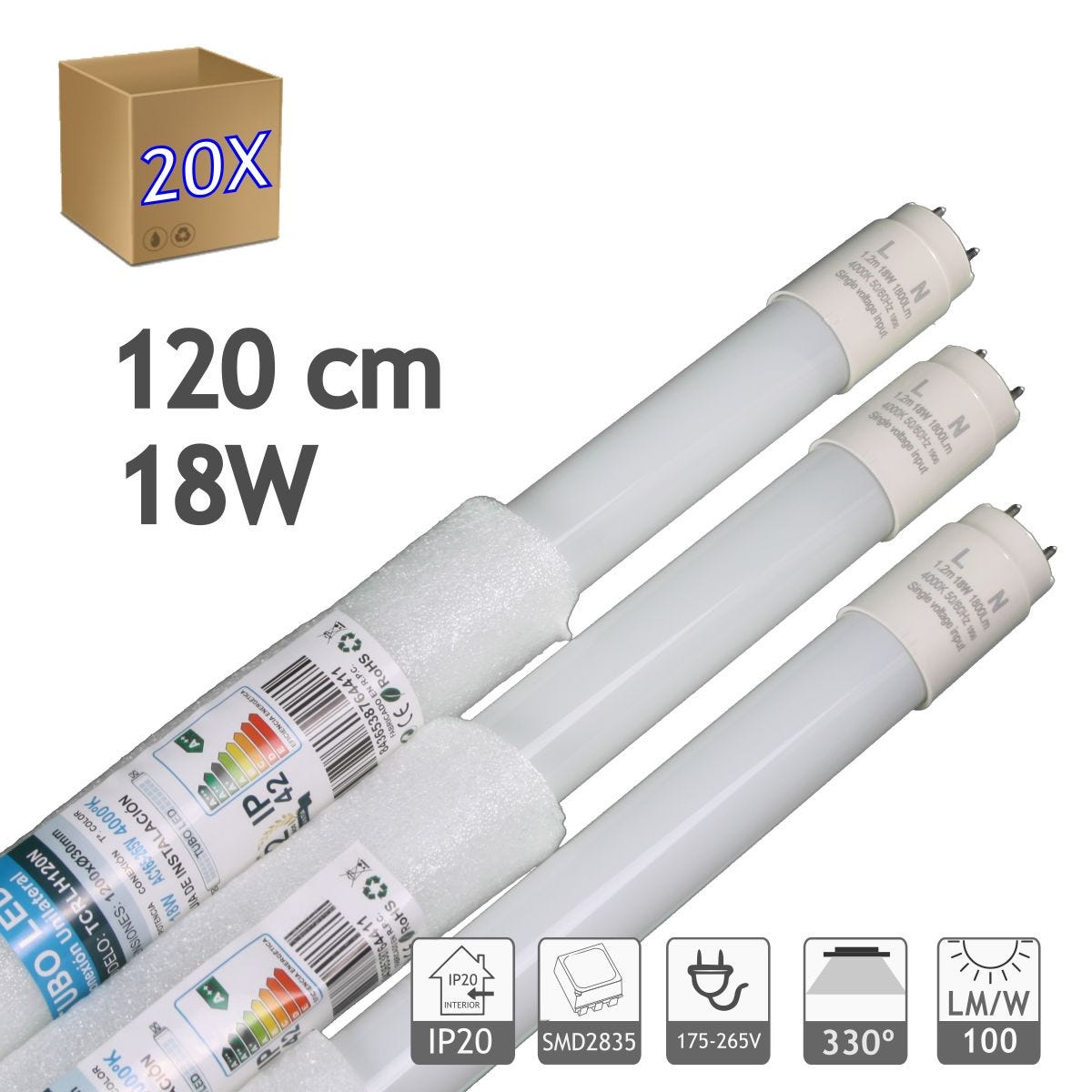 Pack 20 Tube LED 120cm 18W, Blanc Froid 6000K, 2160 Lumens