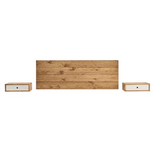 Cabecero madera maciza encerada 150cm y 2 mesitas madera cajón blanco