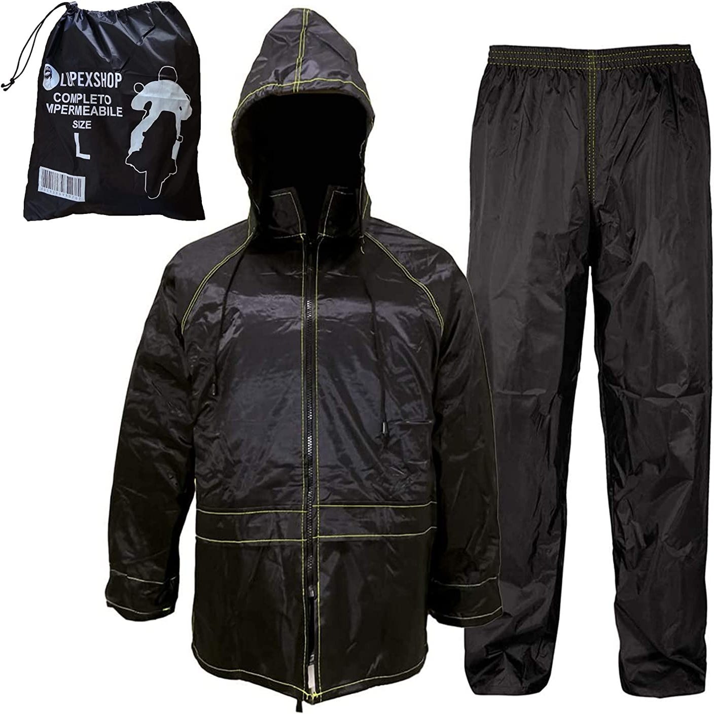 Tuta impermeabile antipioggia antivento con borsa Nero completo di Giacca  Pantalone e cappuccio a scomparsa Unisex Kit pioggia Tg L 48/50