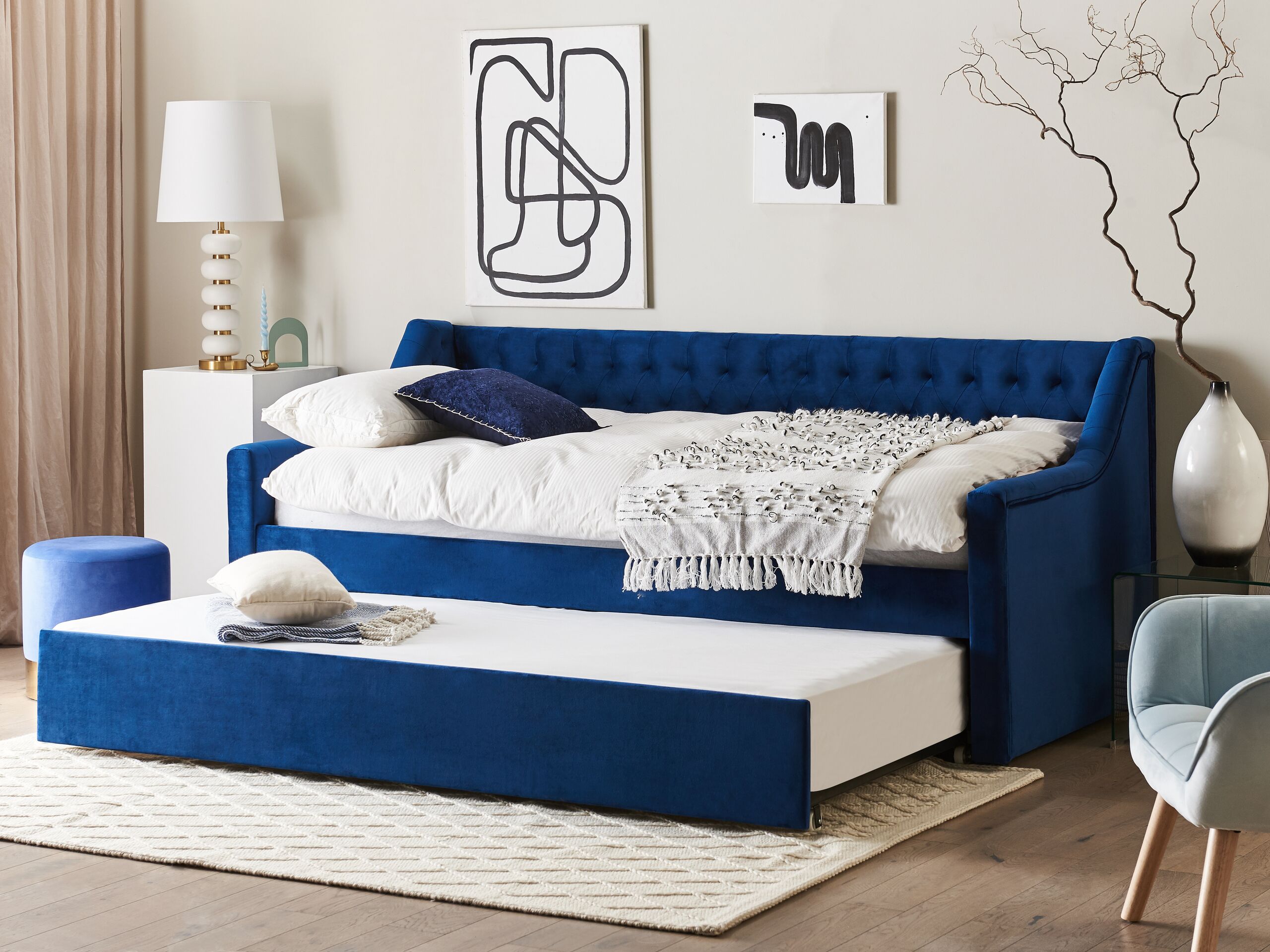 Beliani cama con somier de terciopelo azul marino 90 x 200 cm montargis