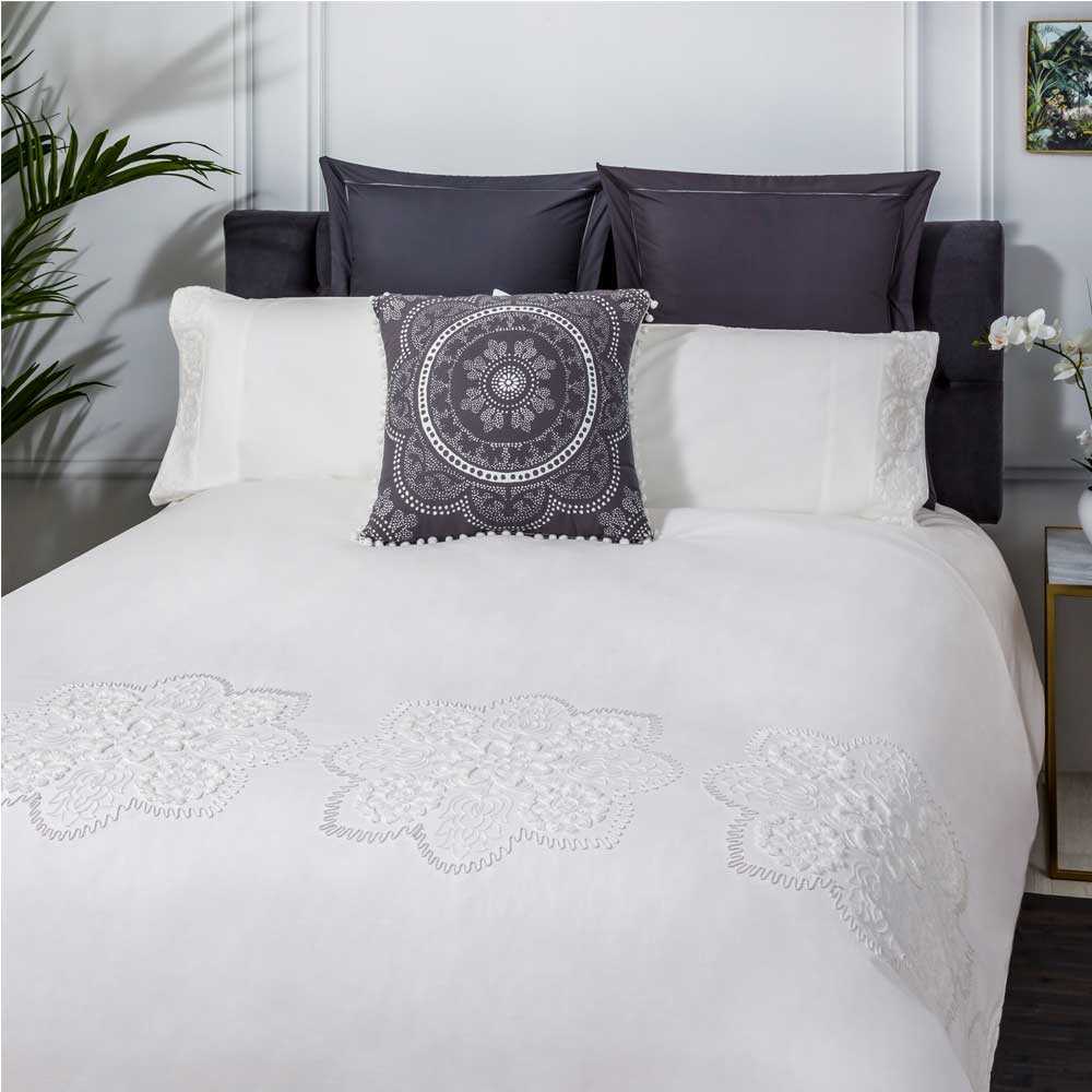 Set Teia fundas nórdica y de almohada algodón percal blanco bordado floral cama  90 cm