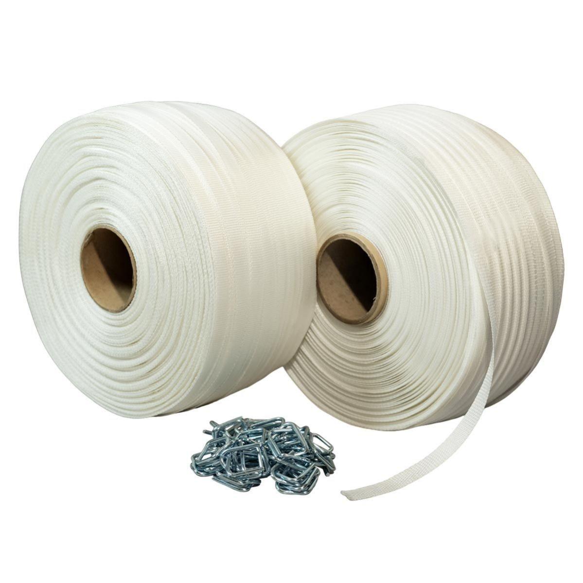 Pack 2 flejes tejidos 13 mm x 1100 m + 250 hebillas gratis - fleje textil alta resistencia 350kg - tecplast pft2
