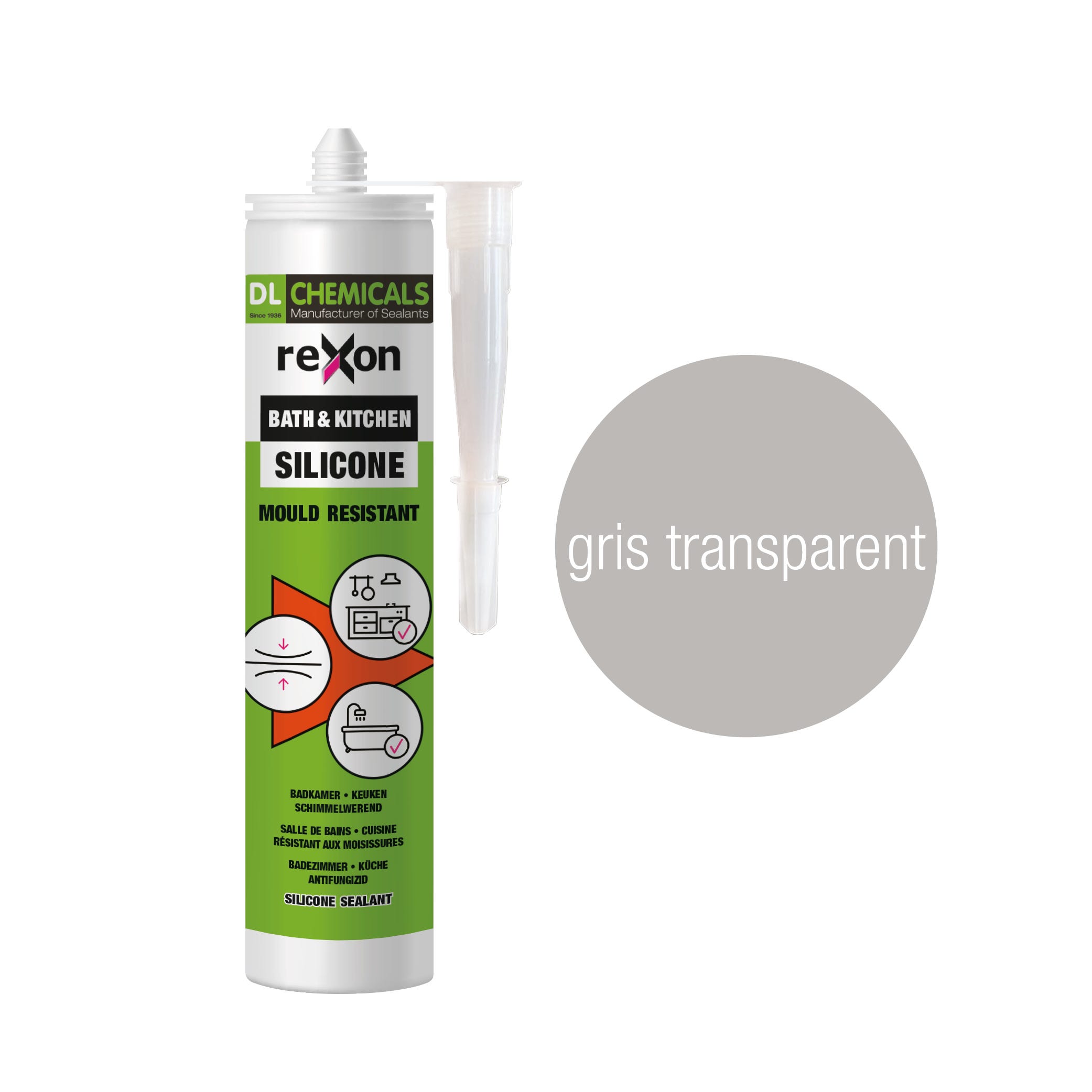 Silicone Bain & Cuisine REXON gris transparent - Mastic d'étanchéité  sanitaire et anti-moisissure - 290 ml