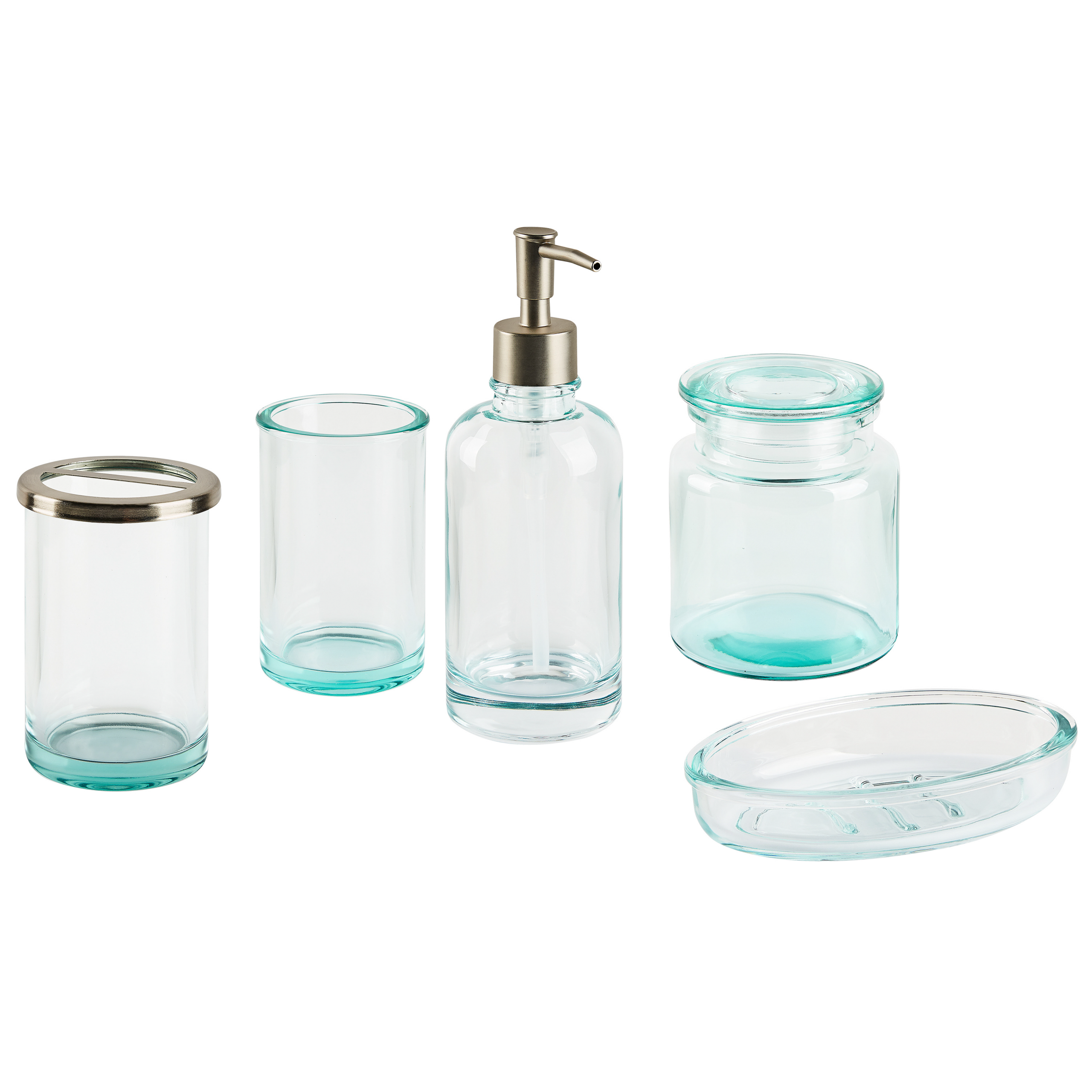 Conjunto de 4 accesorios de baño de vidrio verde plateado