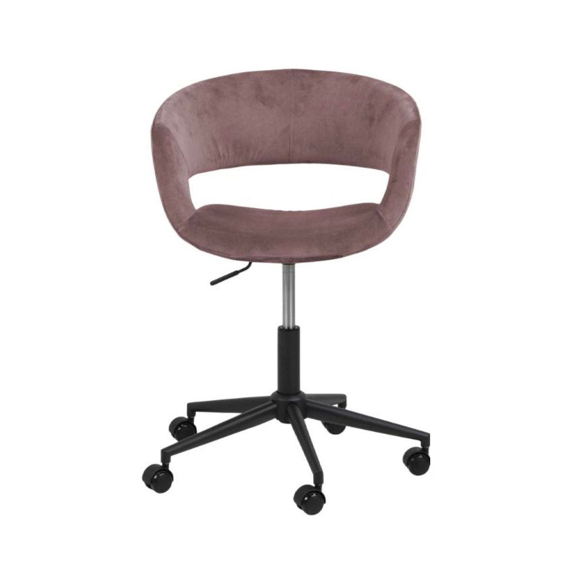 Chaise de bureau design en velours rose avec piètement à roulettes