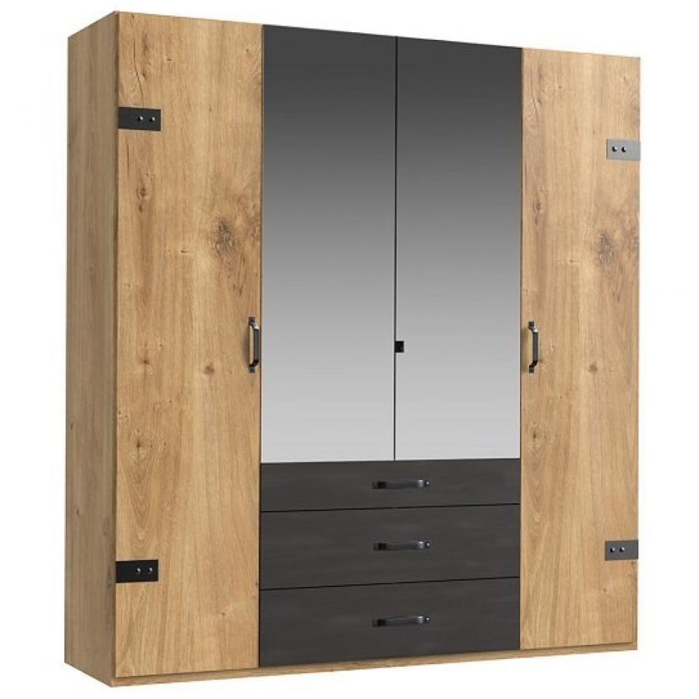Armoire PORTLAND style industriel 200 cm 4 portes 2 miroirs chêne