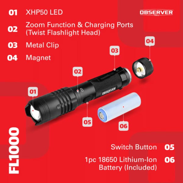 Lampe torche tactique LED rechargeable 1200 lumens Garantie A VIE