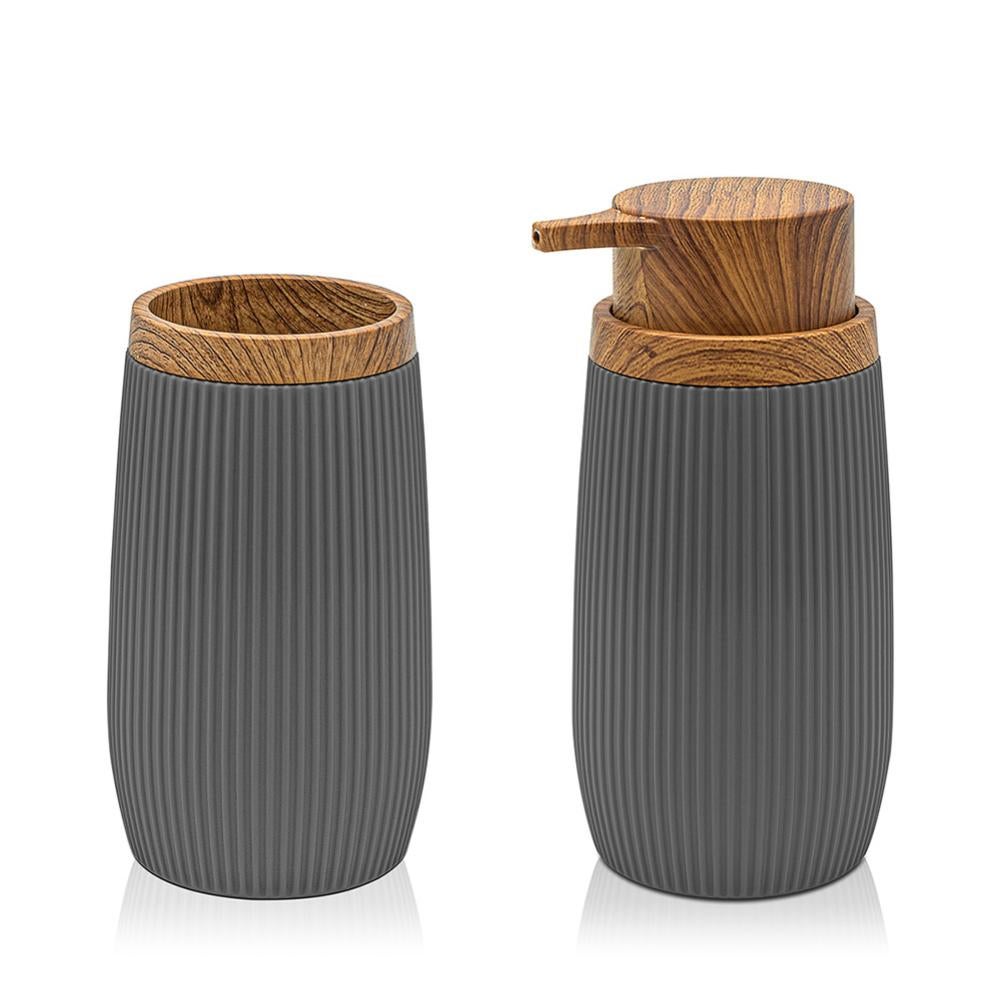 Set Bagno 2 Pezzi Inbagno - Dispenser Sapone E Portaspazzolino, Plastica Nera Con Effetto Legno - Foto 8