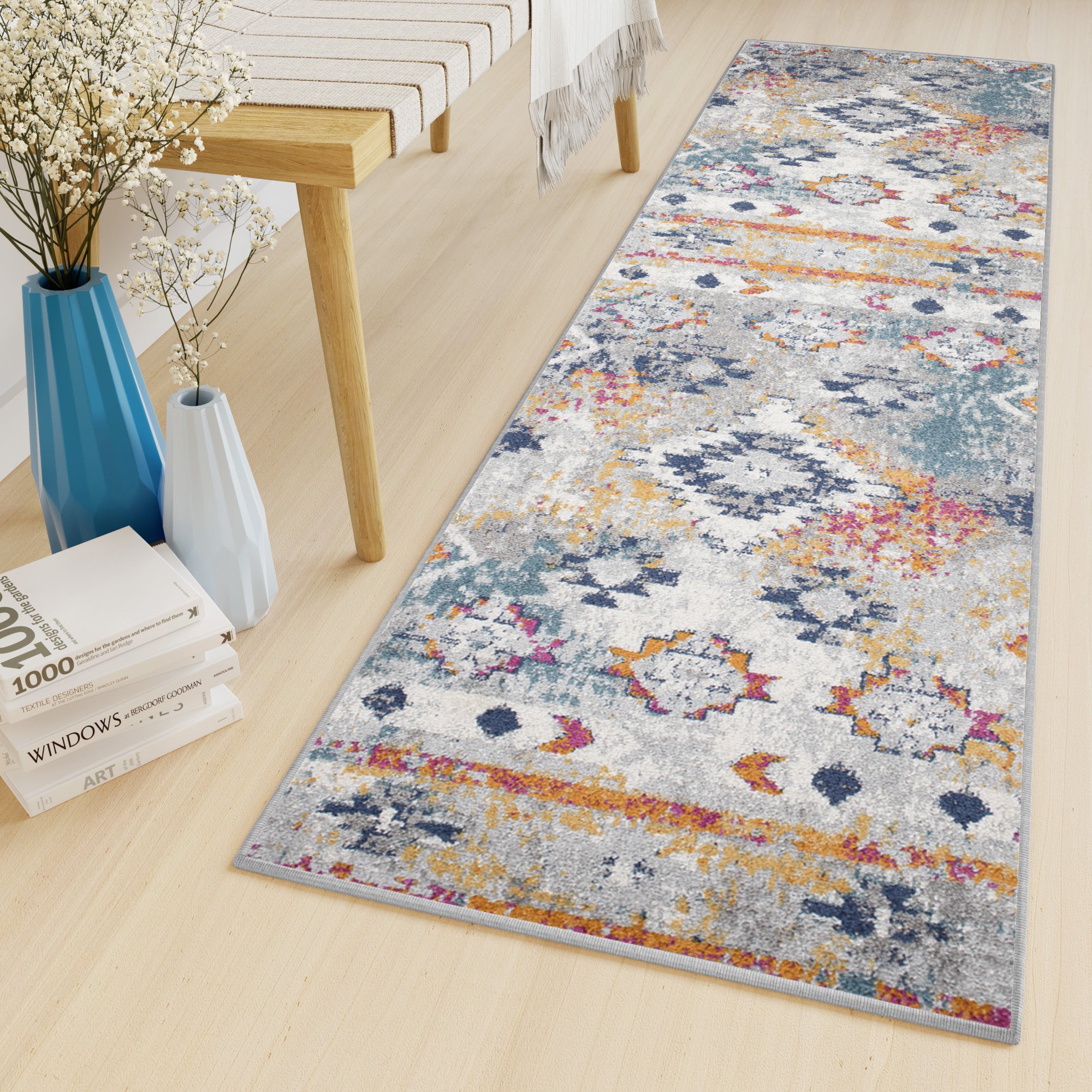 Tapiso Lazur Tapis De Couloir Gris Bleu Orange Ethnique Polypropyl Ne Int Rieur Poil Court