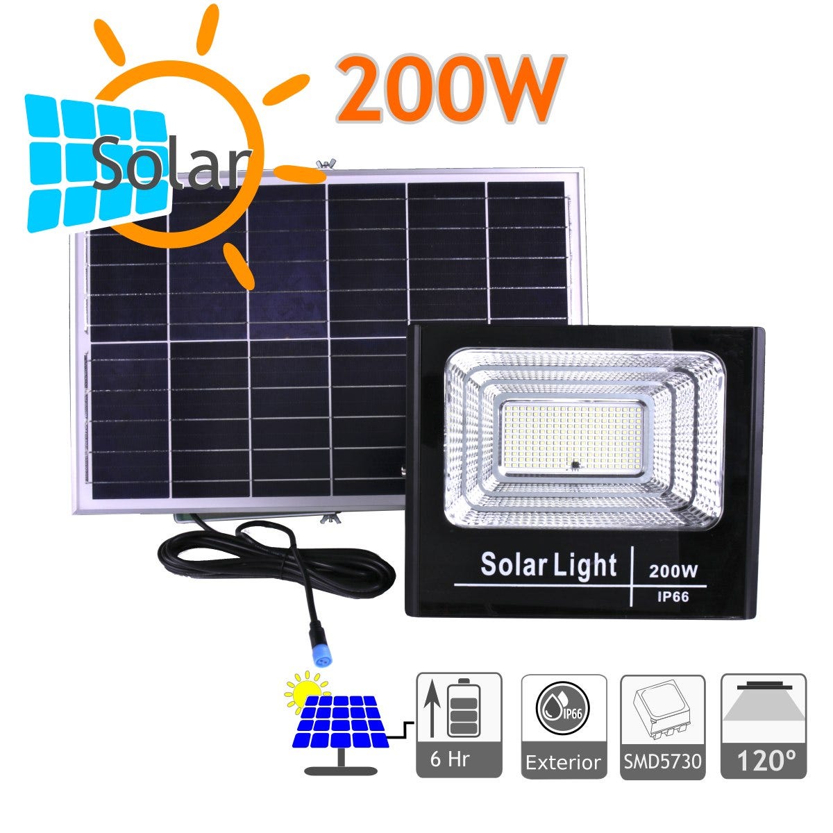 Projecteur led solaire NATURE 1250 Lumens 200W panneau séparé batterie  lithium
