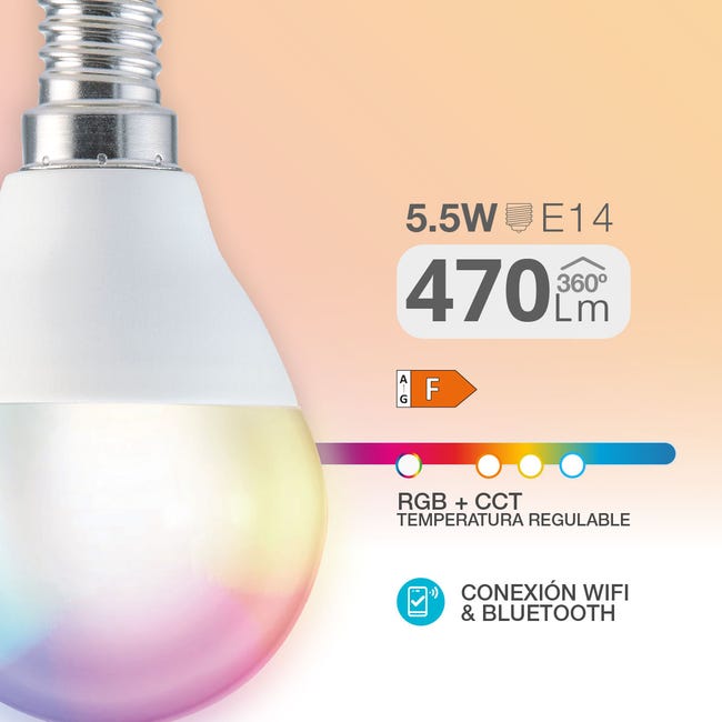 Bombilla LED Inteligente Smart G45 E14 Dimable CCT+RGB 6W WiFi Compatible  con Alexa y Google Home • IluminaShop