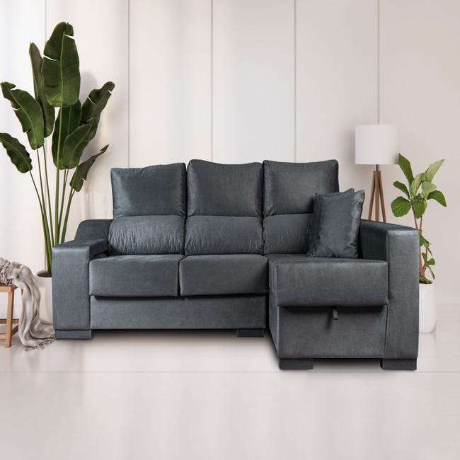 Sofa Chaise Longue OSCAR (265x145 cm). Reclinable, con Arcón + 2 pufs gris  terciopelo DERECHO | Leroy Merlin