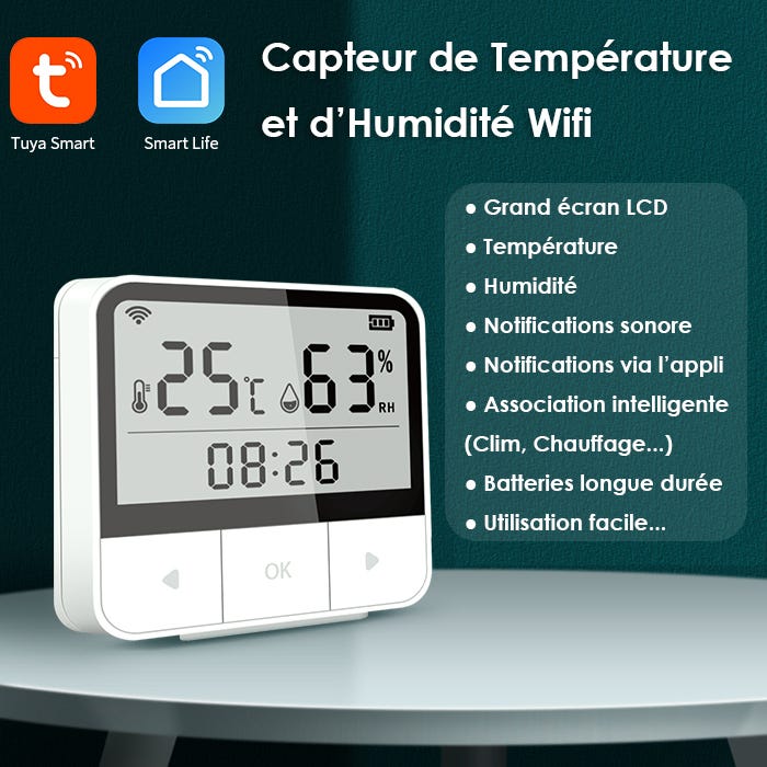 Tuya Smart WiFi Capteur numérique de température et d'humidité de l'air  avec écran LCD