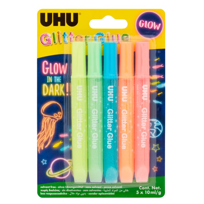 UHU Glitter Glue Glow In The Dark Colla Colorata Fosforescente a Penna -  Blister con 5 Penne da 10ml