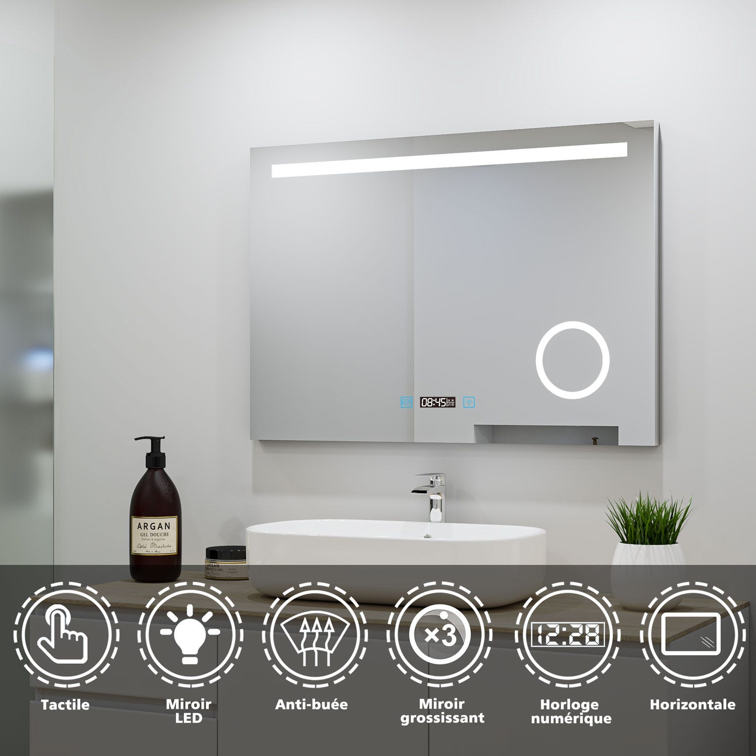 Miroir simple de salle de bain + miroir LED lumineux + anti-buée + Horloge  numérique et date + miroir grossissant+Horzontal 80*60cm