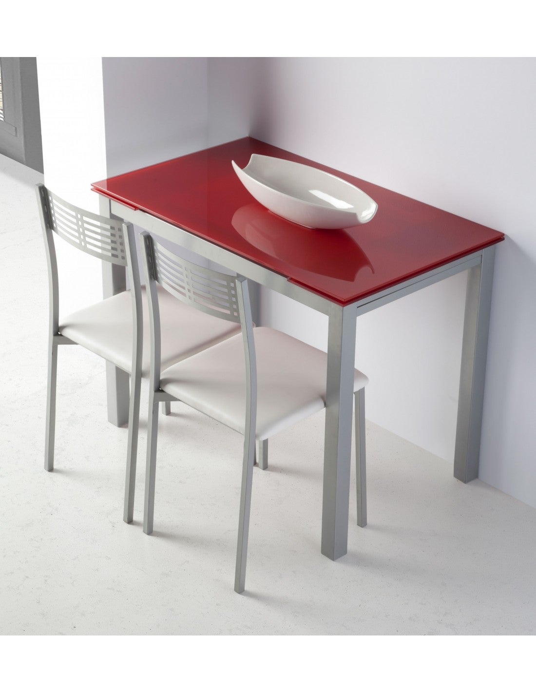 Mesa de Cocina Extensible - Modelo CALCUTA - Cristal - Estructura Metal  Gris Plata