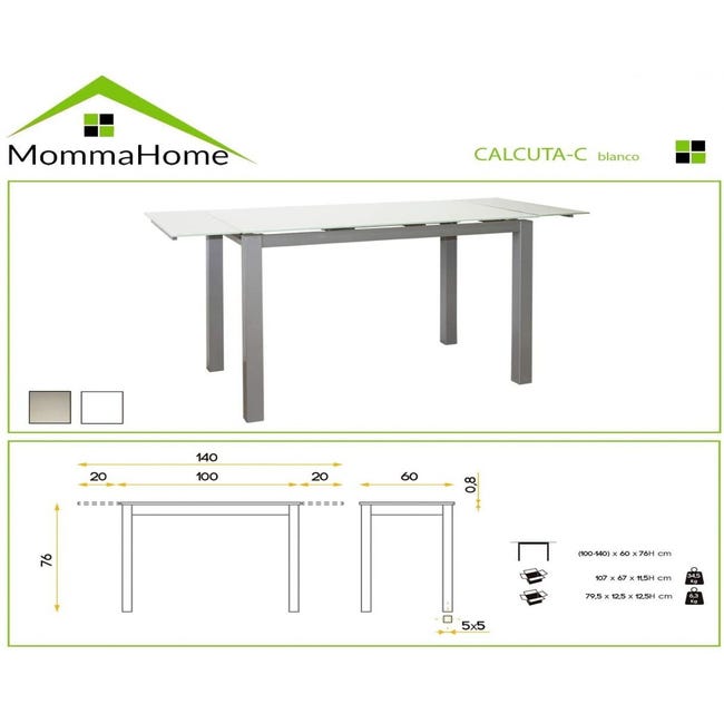 Mesa de Cocina Extensible - Modelo CALCUTA - Cristal - Estructura Metal  Gris Plata - Conforama