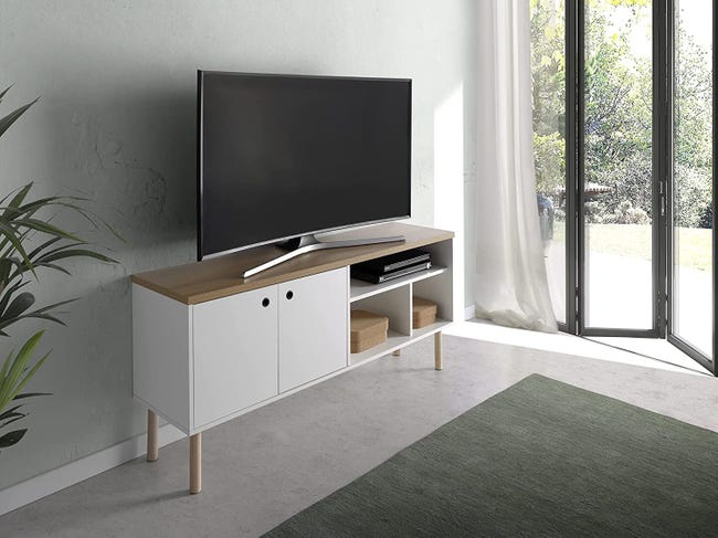 Mueble TV Blanco y Roble PRICA 2 Puertas laterales y 1 Estante MDF Patas  Madera 136x36x62 cm